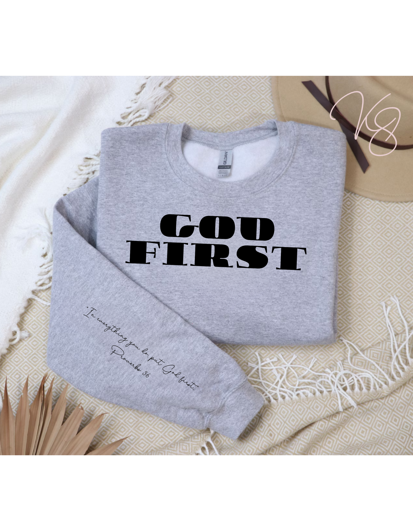 GOD FIRST Unisex Crewneck Sweater with Inspiring Message on Sleeve