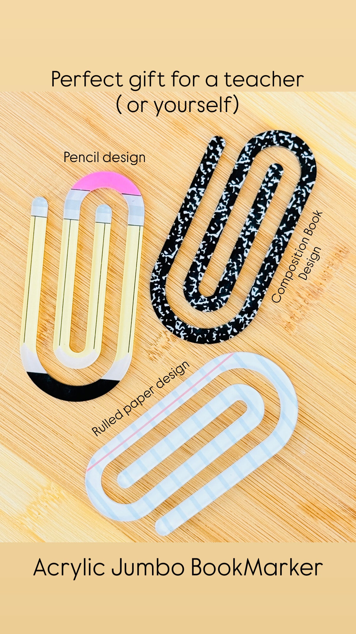 Acrylic Jumbo Paper Clip Bookmarks- Pencil, Composition Book & Ruled Paper Designs