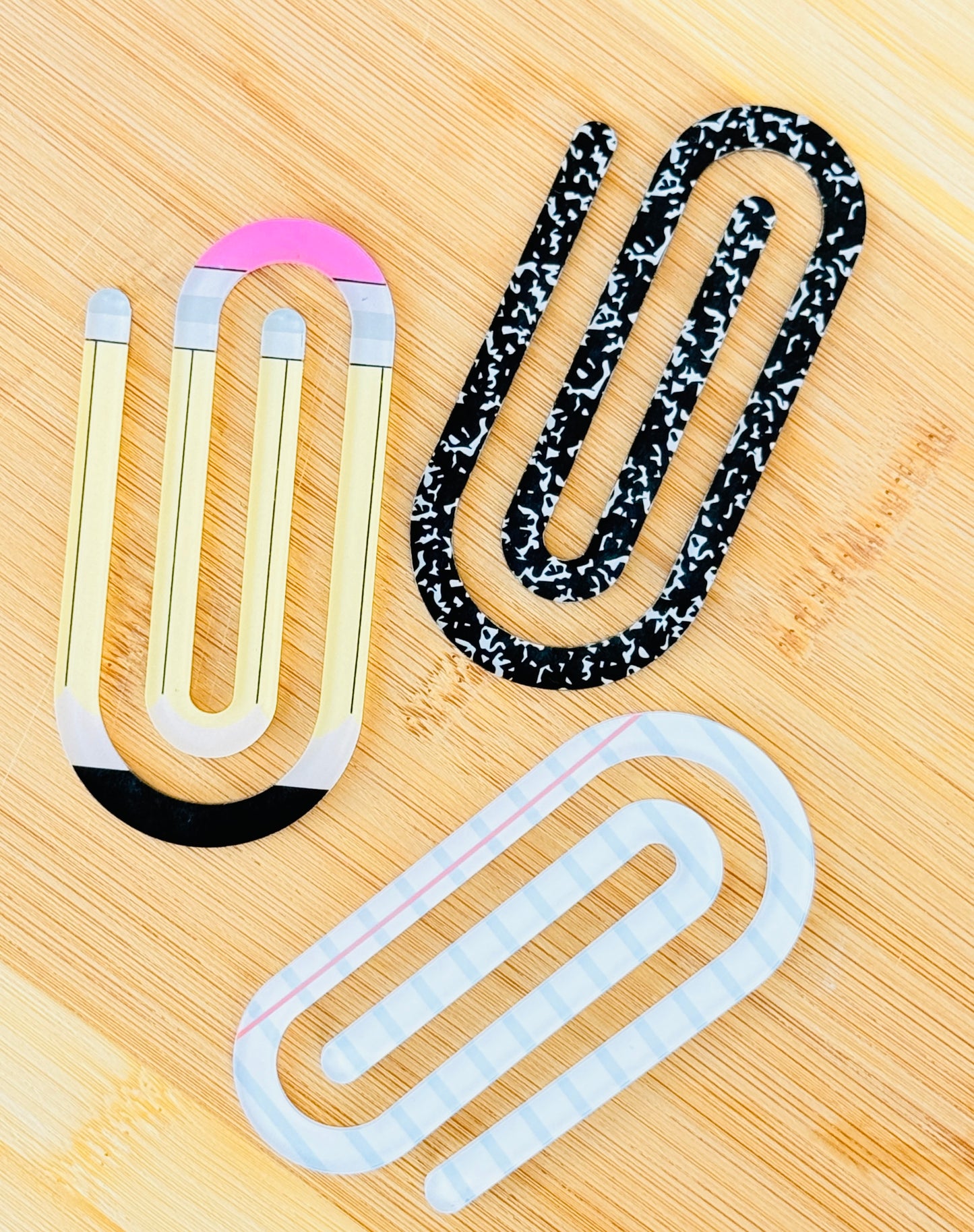 Acrylic Jumbo Paper Clip Bookmarks- Pencil, Composition Book & Ruled Paper Designs