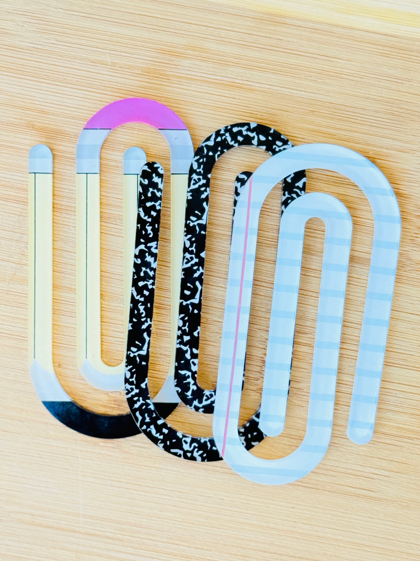 Acrylic Jumbo Paper Clip Bookmarks- Pencil, Composition Book & Ruled Paper Designs